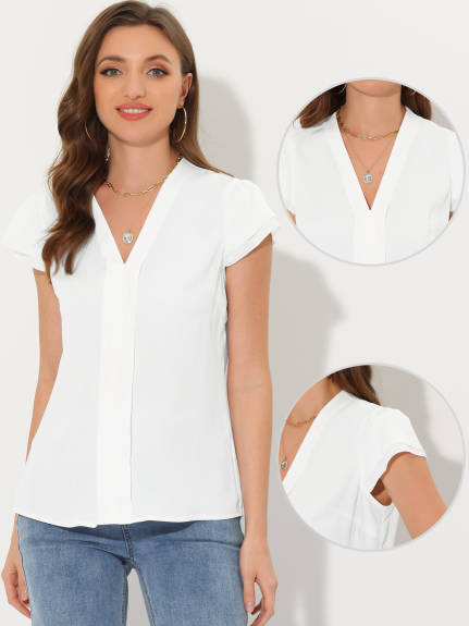 Allegra K - Summer V-Neck Solid Chiffon Blouse