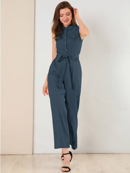 Allegra K- Sleeveless Collared Tie Waist Coverall Button Down Jumpsuit