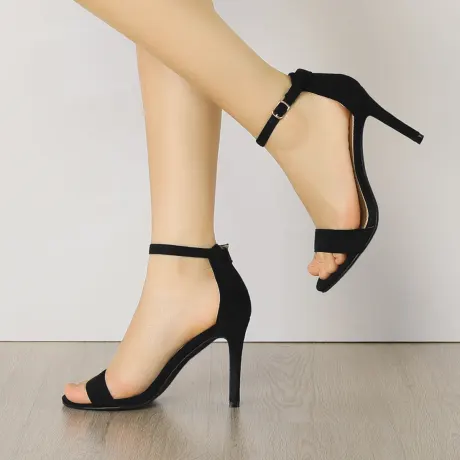 Allegra K - Suede Ankle Strap High Stiletto Heels Black Sandals