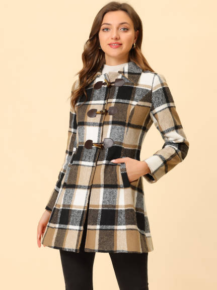 Allegra K- Turn Down Collar Plaid Toggle Duffle Long Overcoat