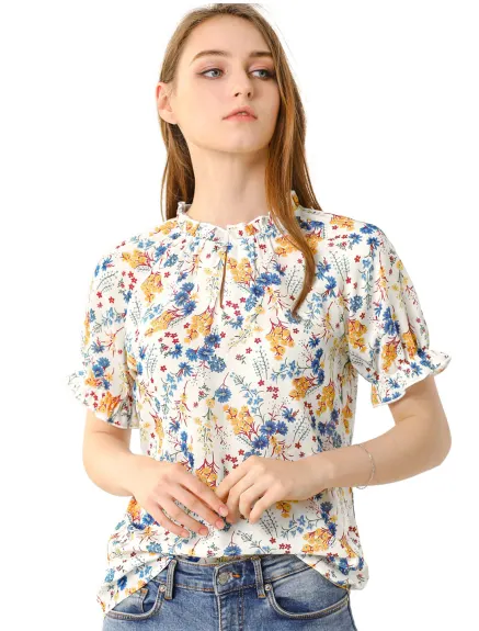 Allegra K- Floral Short Sleeve Ruffle Neck Blouse