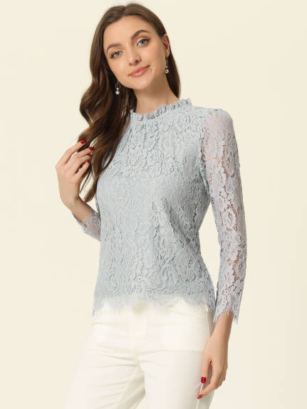 Allegra K- Ruffle Round Neck Long Sleeve Lace Floral Blouse