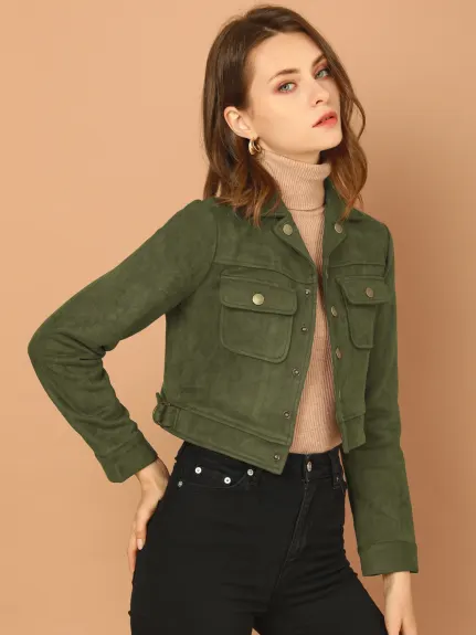 Allegra K- Faux Suede Notched Collar Button Up Cropped Jacket