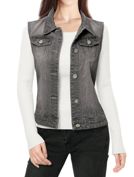 Allegra K- Washed Denim Buttoned Vest with Flap Pockets