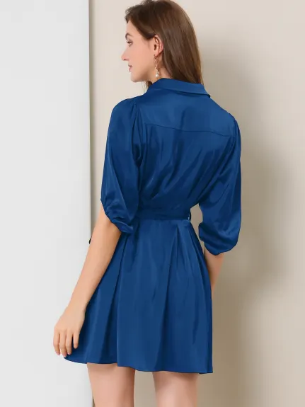 Allegra K- Pleated Waist Belted Shirt A-Line Dress