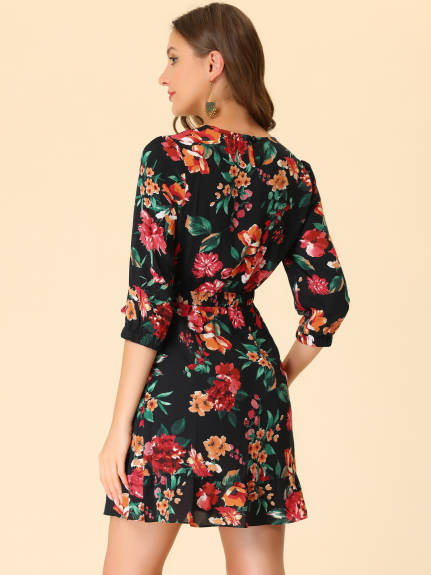 Allegra K- 3/4 Sleeve Ruffle Waist Tie Faux Wrap Floral Dress