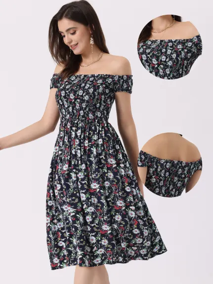 Allegra K- Off Shoulder Floral Smocked Dress