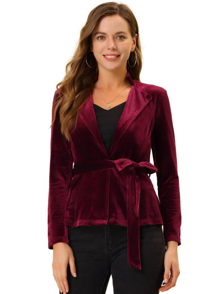 Allegra K- Velvet Belted Lapel Collar Blazer Jacket