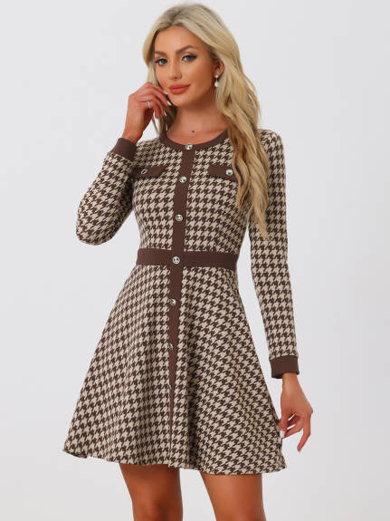 Allegra K- Houndstooth Plaid Contrast Color Crew Neck Button Front Dress