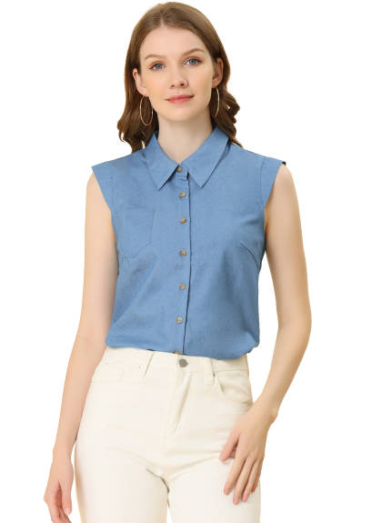 Allegra K- Cap Sleeve Turn Down Collar Shirt