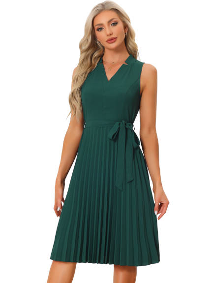 Allegra K - Sleeveless V Neck Tie Waist Pleated Dress