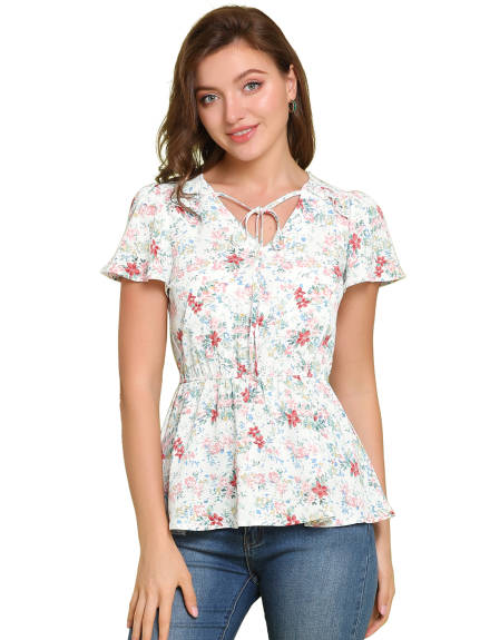 Allegra K - Summer Floral Flutter Sleeves Tie Neck Peplum Top