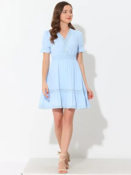 Allegra K- Boho V Neck Smocked Elastic Waist Short Sleeve Mini Dress
