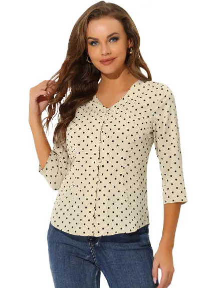 Allegra K- Polka Dots 3/4 Sleeve Button Front Blouse