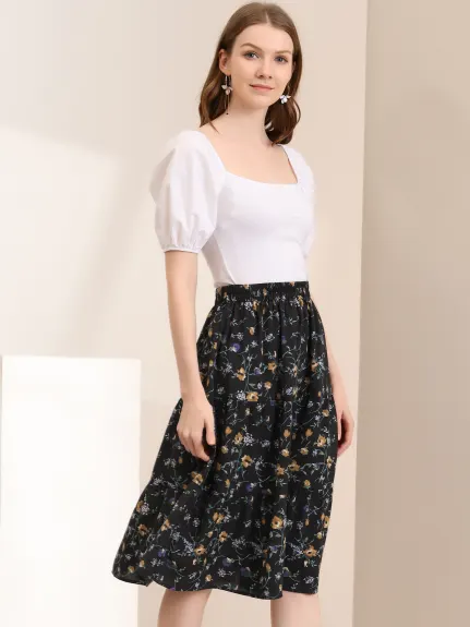 Allegra K- Floral Printed Elastic Waist A-Line Midi Skirt