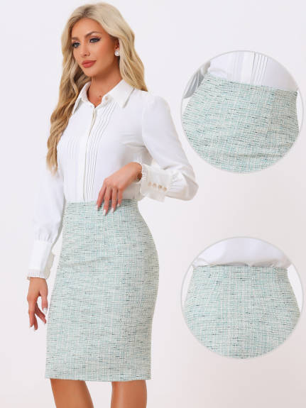 Allegra K - Tweed Plaid Slit Pencil Skirt