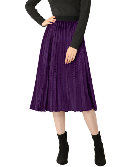 Allegra K- Winter Elastic Waist Velvet Pleated Midi Skirt