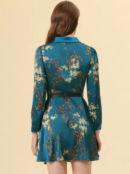 Allegra K- Floral Satin Long Sleeve Belted Button Down Dress