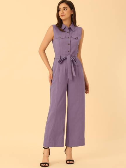 Allegra K- Sleeveless Collared Tie Waist Coverall Button Down Jumpsuit