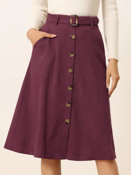 Allegra K - Button Front A-Line Belted Corduroy Skirt