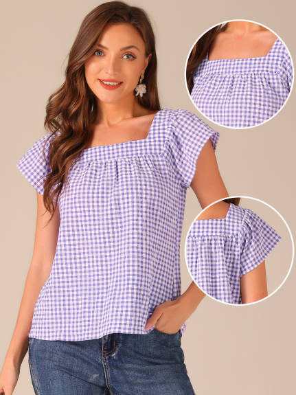 Allegra K- Square Neck Gingham Cap Sleeve Blouse