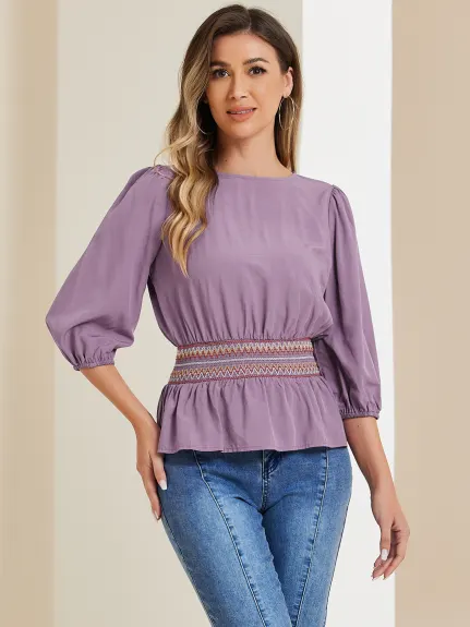 Allegra K- Peplum 3/4 Sleeve Smocked Waist Blouse