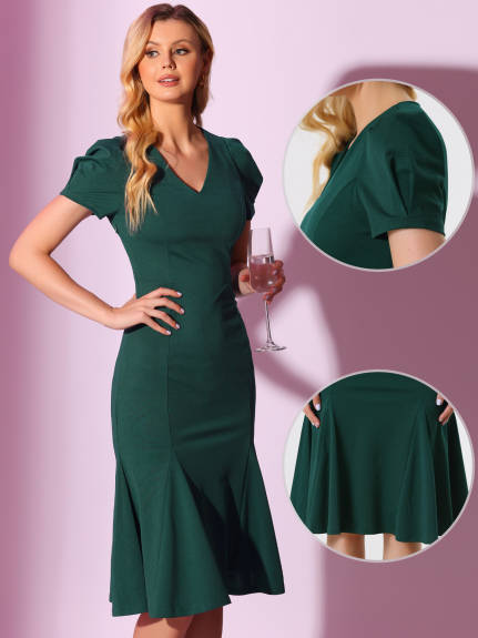 Allegra K- V-Neck Puff Sleeve Elegant Mermaid Midi Dress