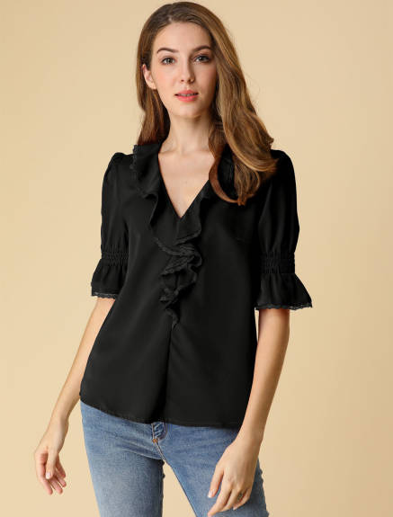 Allegra K- Ruffled V Neck Puff Elbow Sleeve Chiffon Blouse