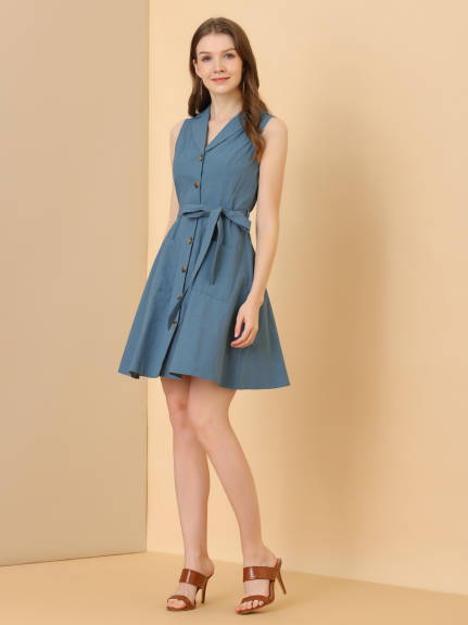 Allegra K- Belted Sleeveless Flare Shirt Dress