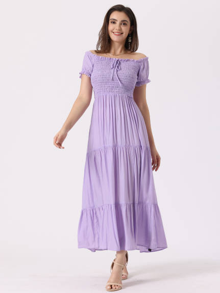 Allegra K- Off Shoulder Ruffle Smocked Dress