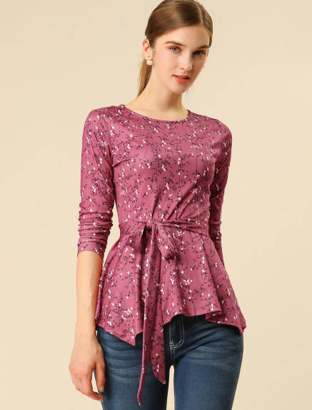 Allegra K- Floral Long Sleeve Ruffle Hem Belted Flare Peplum Top