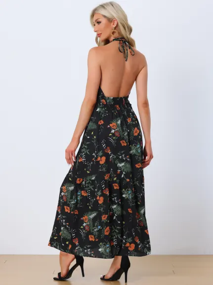 Allegra K - Halter Neck Backless Floral Maxi Dress