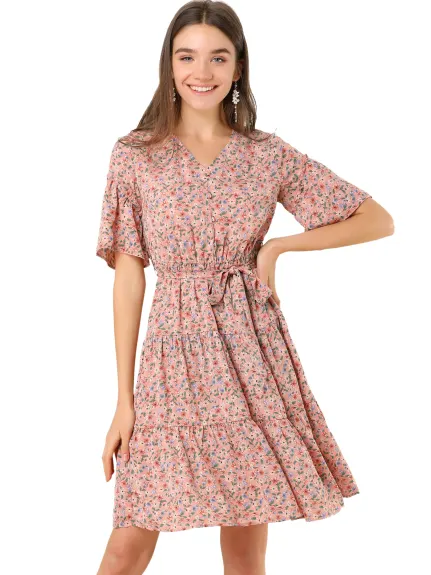 Allegra K- Tiered Ruffle Hem Elastic Waist V Neck Bell Sleeve Floral Dress