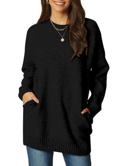 Allegra K- Round Neck Pullover Sweater with Pockets