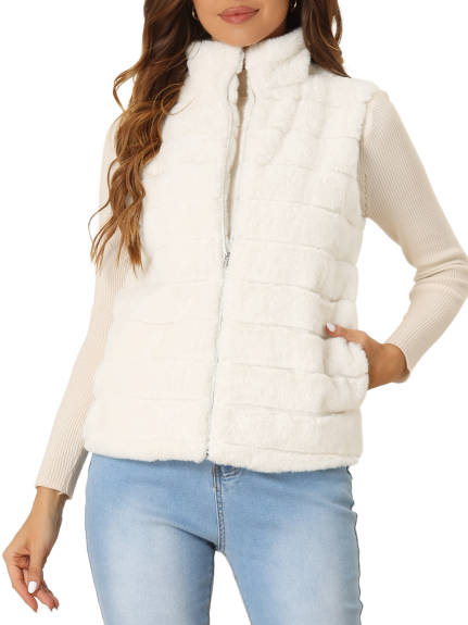 Allegra K - Sleeveless Winter Zip-Up Faux Fur Jacket