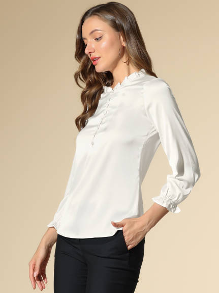 Allegra K- Ruffle Neck Bubble Sleeve Elastic Cuff Blouse