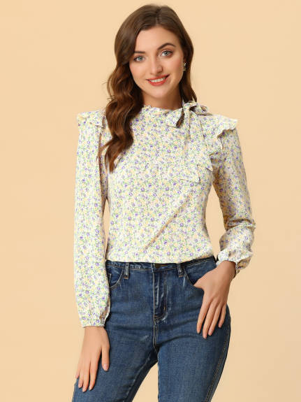 Allegra K- Side Bow Tie Neck Ruffled Floral Blouse