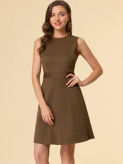 Allegra K- Sleeveless Plaid Houndstooth Flare Dress