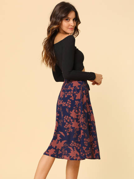 Allegra K- Slit Floral Belted A-Line Midi Skirt