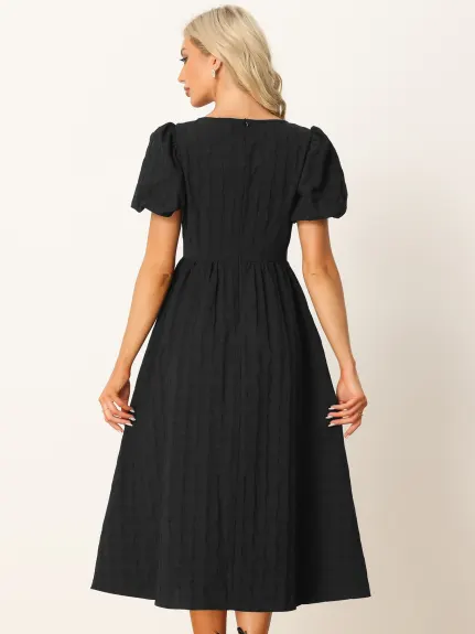 Allegra K- Puff Sleeve Round Neck Textured Dress