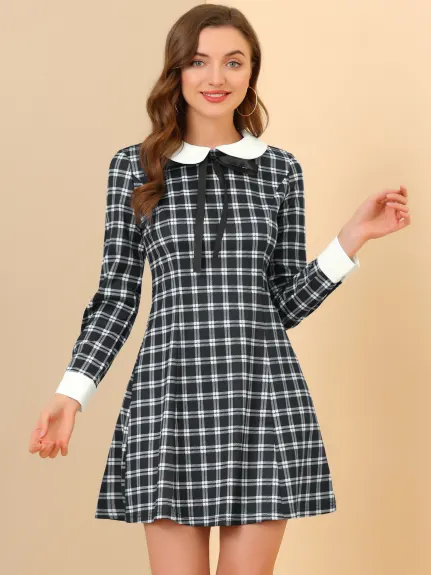 Allegra K- Contrast Peter Pan Collar Long Sleeve A-Line Plaid Dress