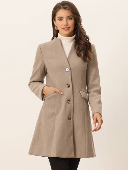 Allegra K- Overcoat V Neck Single Breasted Long Coat