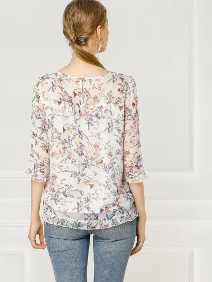 Allegra K- Blouse florale en mousseline à manches 3/4 et à volants