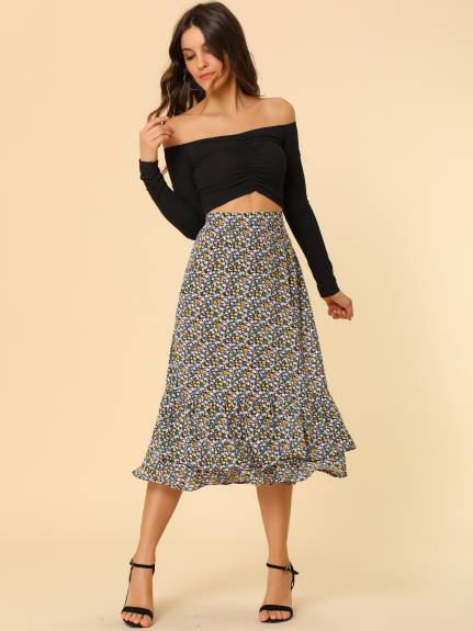 Allegra K- Zipper Printed Chiffon Ruffle Tiered Midi Skirt