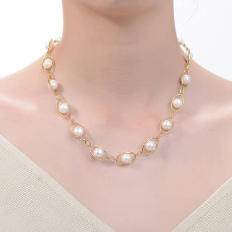 Genevive Sterling Silver 14k Gold Plated Genuine Freshwater Pearl Oval Link Necklace