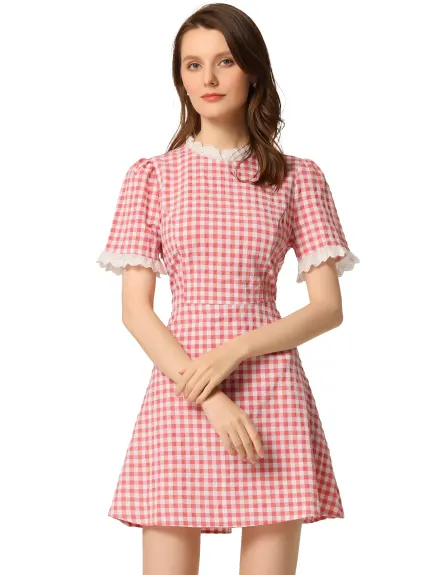 Allegra K- Short Sleeve Checkered Gingham Frilly Dorothy Costume Dress