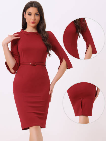 Allegra K- 3/4 Sleeves Belted Pencil Dress