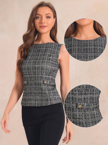 Allegra K - Gilet de Travail sans Manches à Carreaux en Tweed