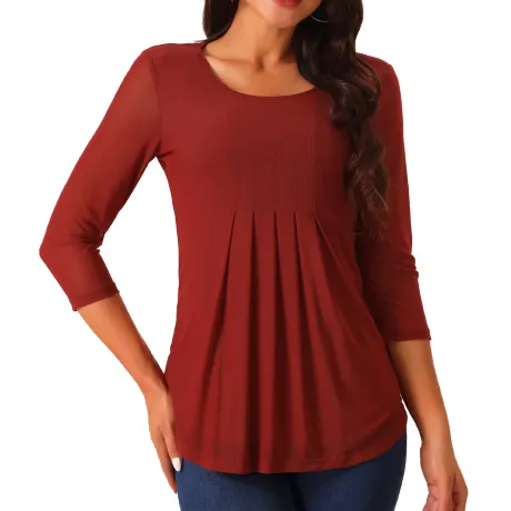 Allegra K - Crewneck 3/4 Sleeve Pleated Tunic Tops