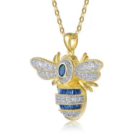 Genevive Sterling Silver 14k Gold Plated with Sapphire Blue Cubic Zirconia Pave Wasp Pendant Necklace